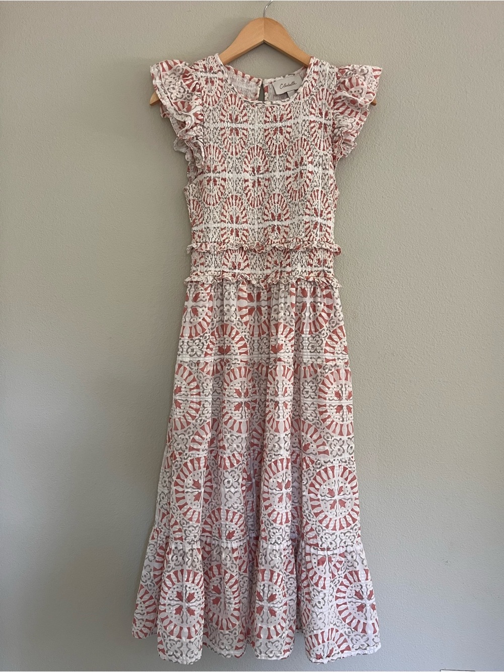 Cleobella Anthropologie Emmy Smocked Midi Dress Pink White Flutter Sleeve Boho